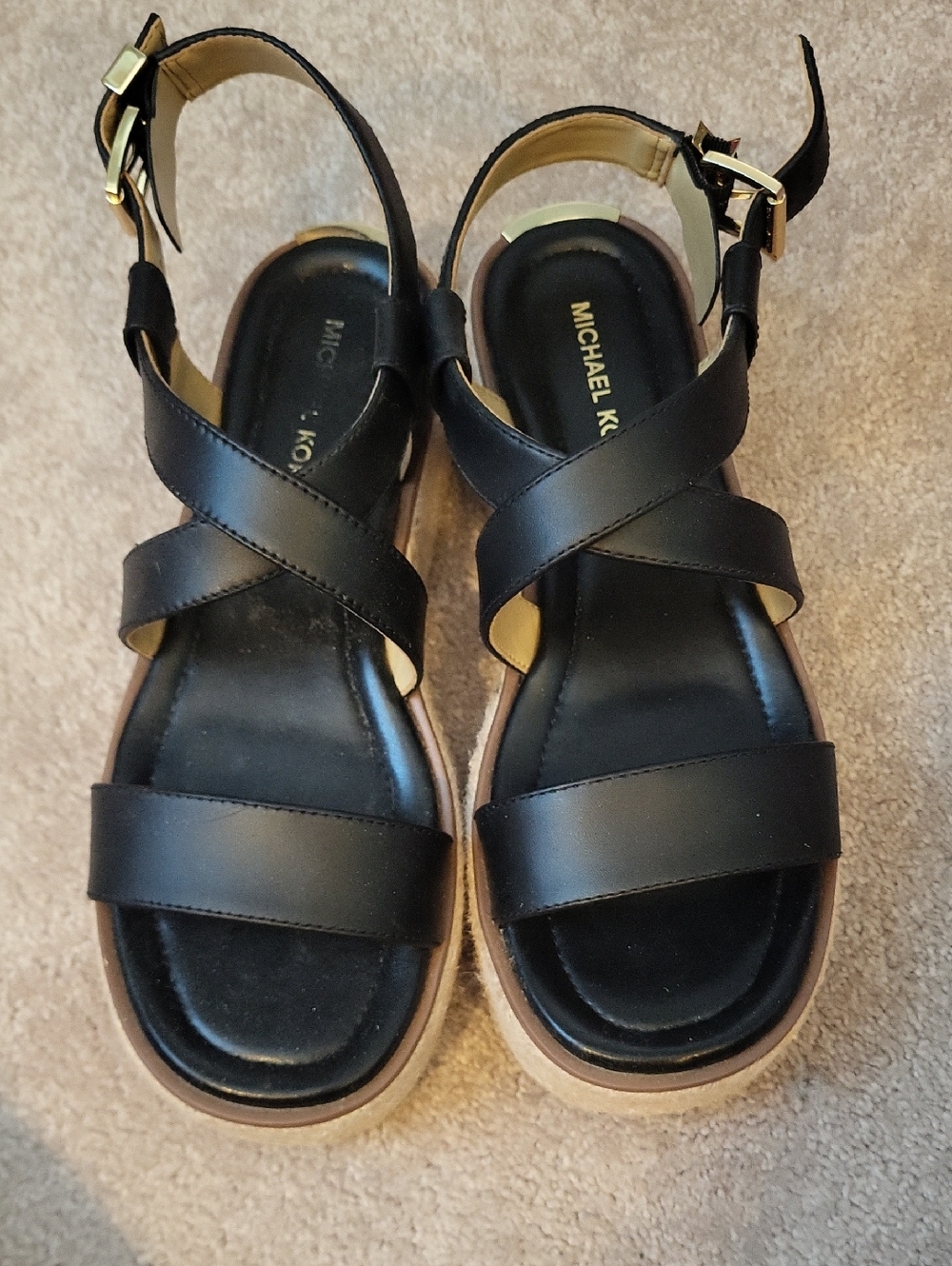 Michael Kors Black Leather Crisscross Platform Sandals with Gold Buckle